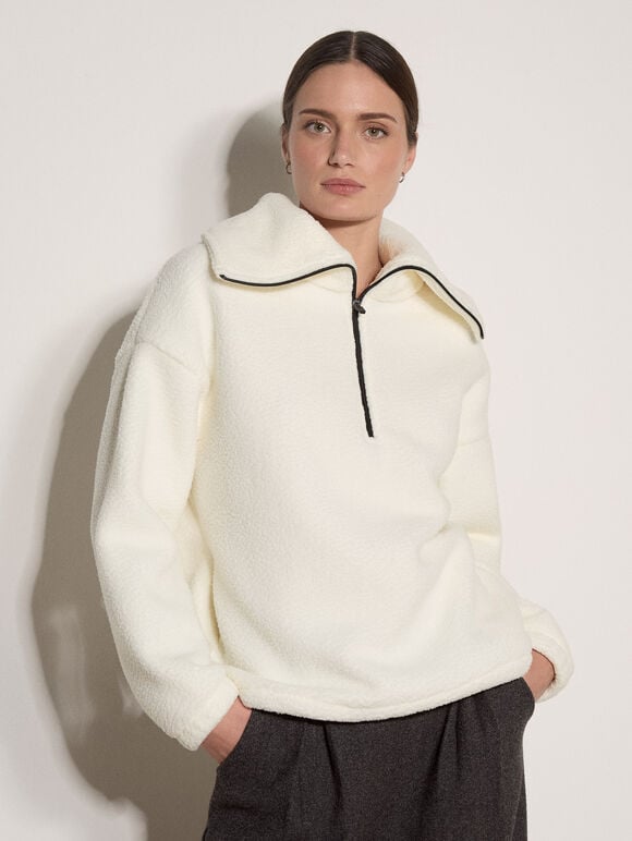 Funnel Neck Teddy Borg Fleece Jumper, White, large