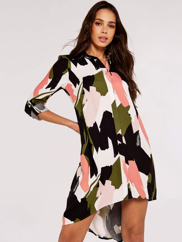 Brushstroke Print Mini Shirt Dress, Khaki, large