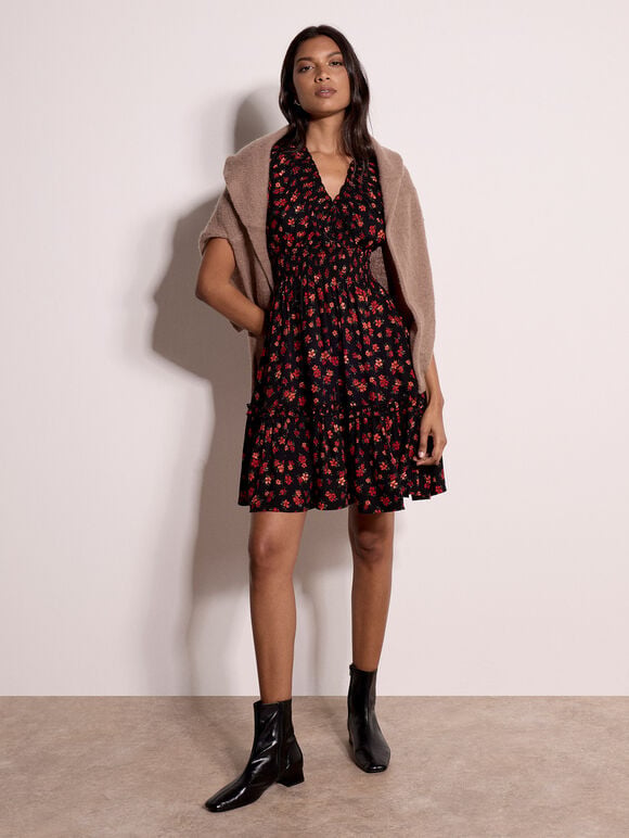 Floral Print Smocked Mini Dress, Black, large