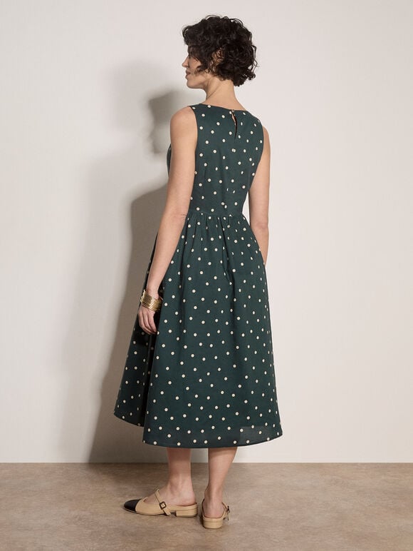 Polka Dot A-Line Cotton Midi Dress, Green, large