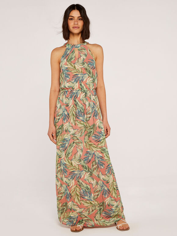Tropical Chiffon Halter Maxi Dress, Pink, large
