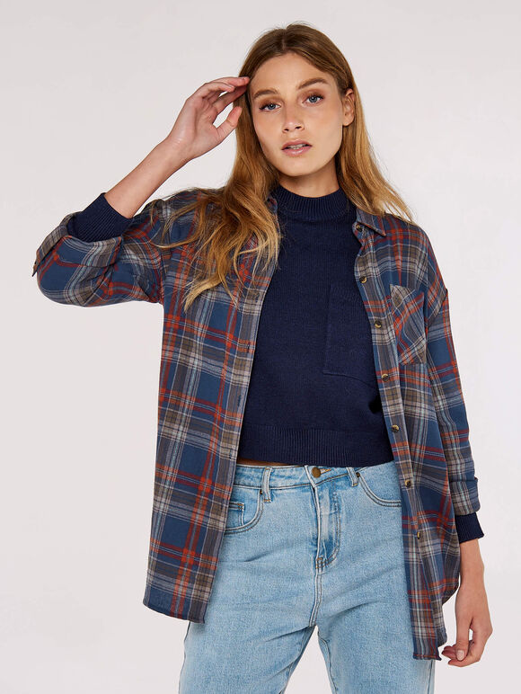 Checked Cotton Flannel Shirt, Blue, large