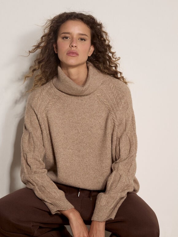 Melange Roll Neck Jumper, Mocha, large