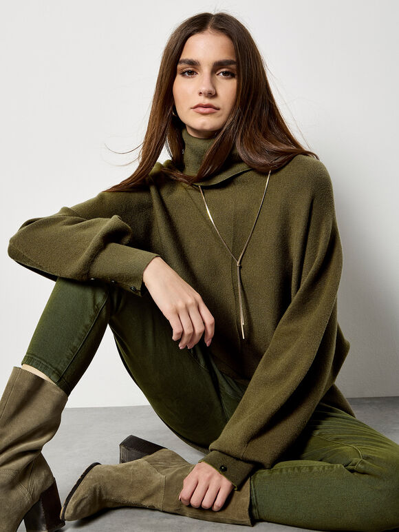 Roll Neck Oversized Batwing Jumper, Khaki, large