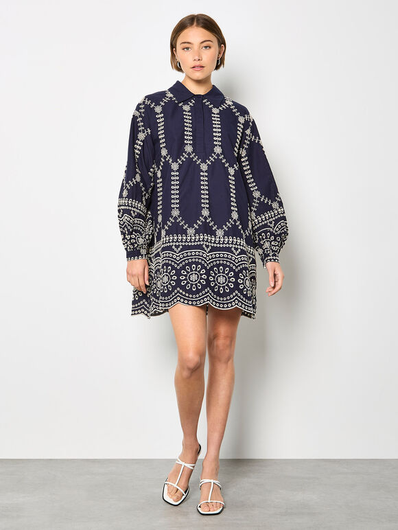 Broderie Anglaise Cotton Swing Mini Dress, Navy, large