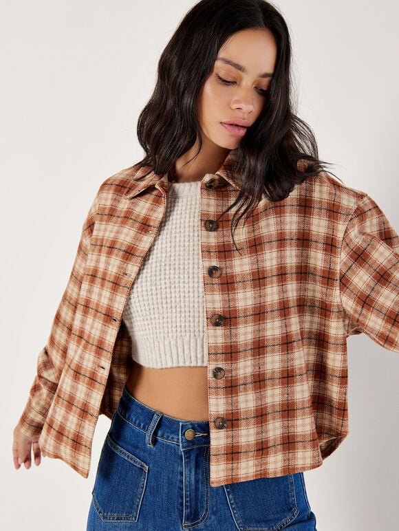 Cropped Check Shacket, Rust, large