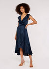 Satin Ruffle wrap Dress, Navy, large