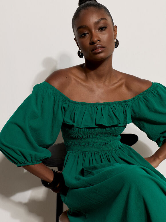 Ruffle Milkmaid Midi Dress, Green, large
