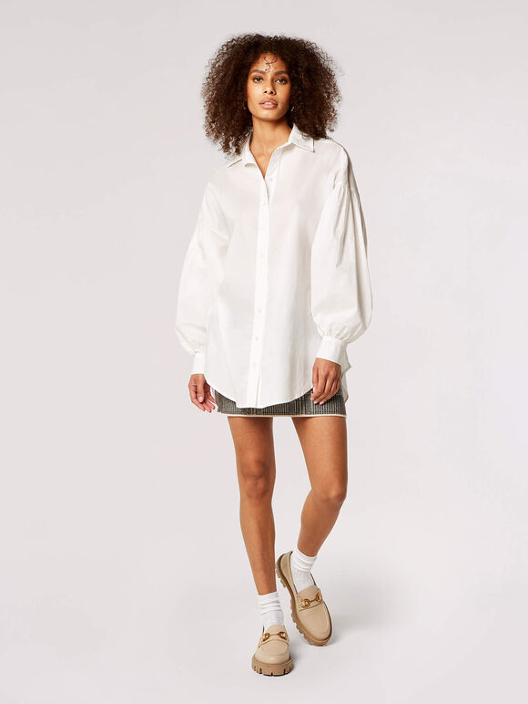 Balloon Sleeve Cotton Shirt, White, large
