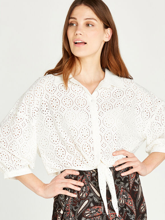 Broderie Anglaise Knot Front Top, Cream, large