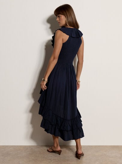 Cotton High-Low Ruffle Midi Dress