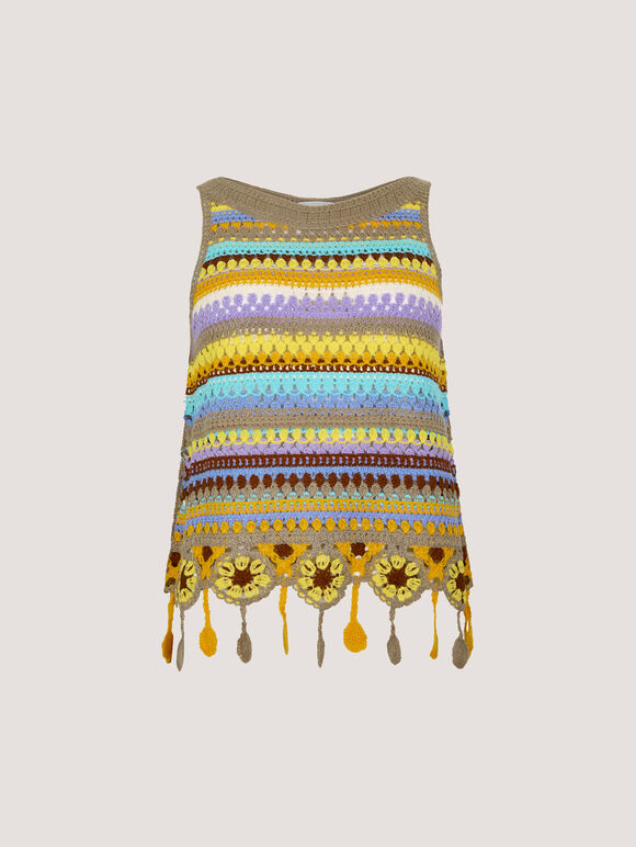 Colourful Stripe Tassel Crochet Top, Brown, large