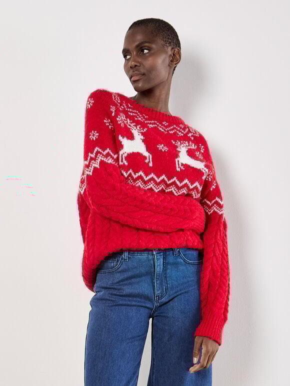 Reindeer Chunky Cable Knit Jumper, Red, large