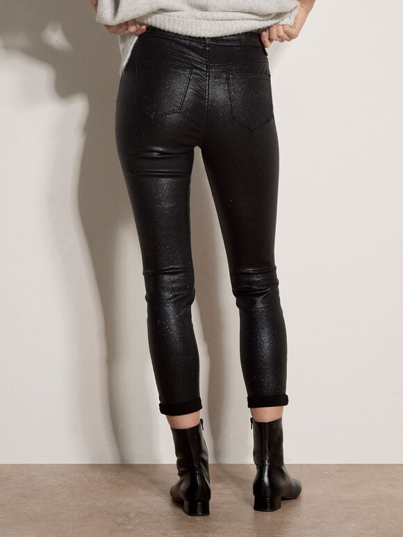 Glitter Snakeskin Skinny-Fit Jeans, Black, large