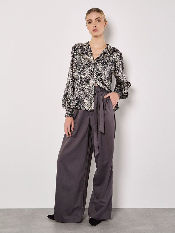 Snakeskin Hammered Satin Blouse, Grey, large