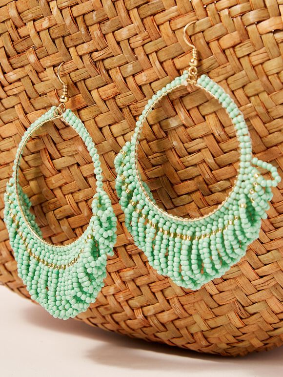 Beaded hoop earrings, Green, large