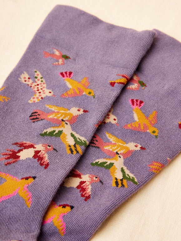 Chaussettes en coton à imprimé oiseaux, violet, grande