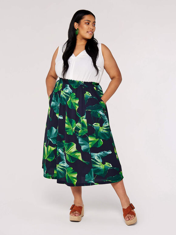 Curve Leaf Midi Skirt, Navy, large