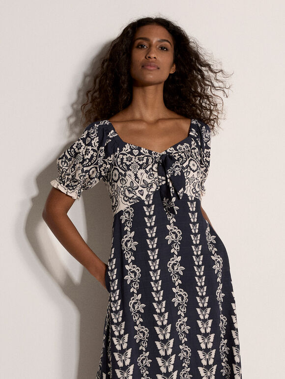 Butterfly Border Print Midi Dress, Navy, large