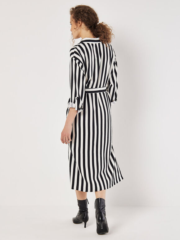 Monochrome Stripe Shirt Midi Dress, Black, large