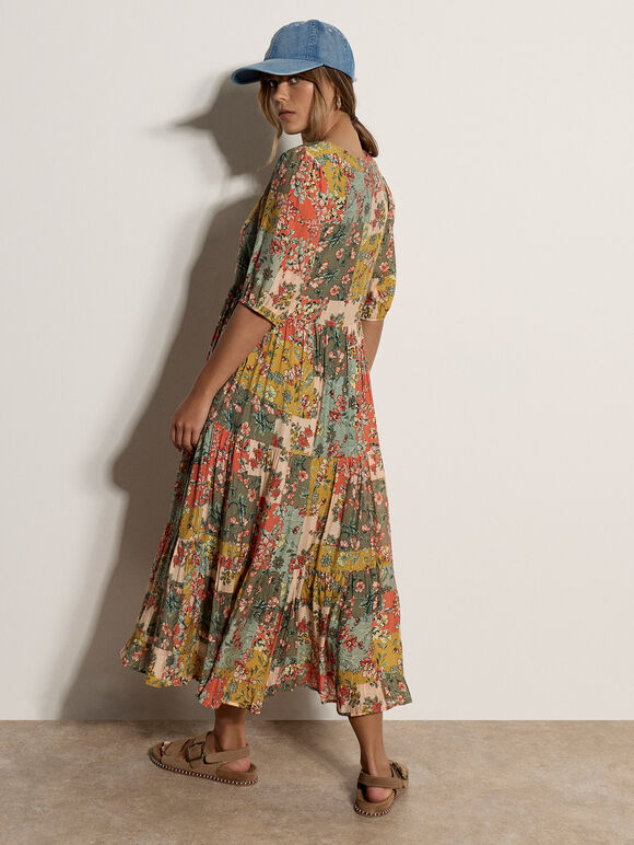 Bloom Patchwork Tiered Dress, Khaki, large
