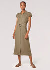 Linen Blend Belted Shirt Midi Dress, Khaki, large