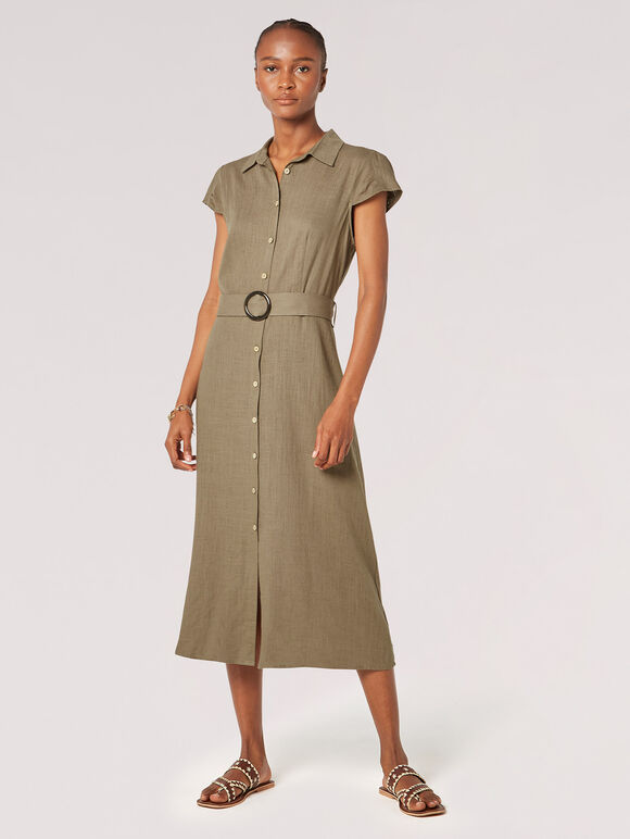 Linen Blend Belted Shirt Midi Dress, Khaki, large