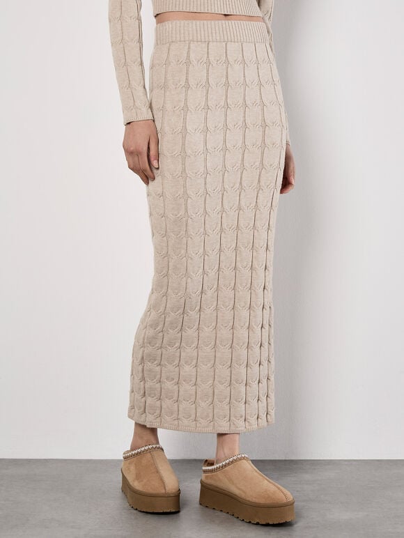 Cable Knit Maxi Skirt, Stone, large