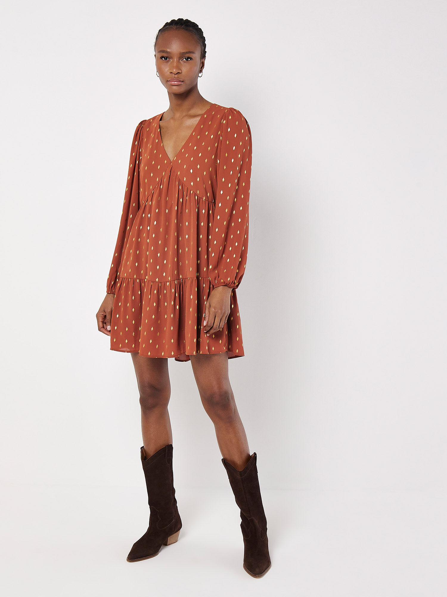 Gold Foil Mini Dress Apricot Clothing