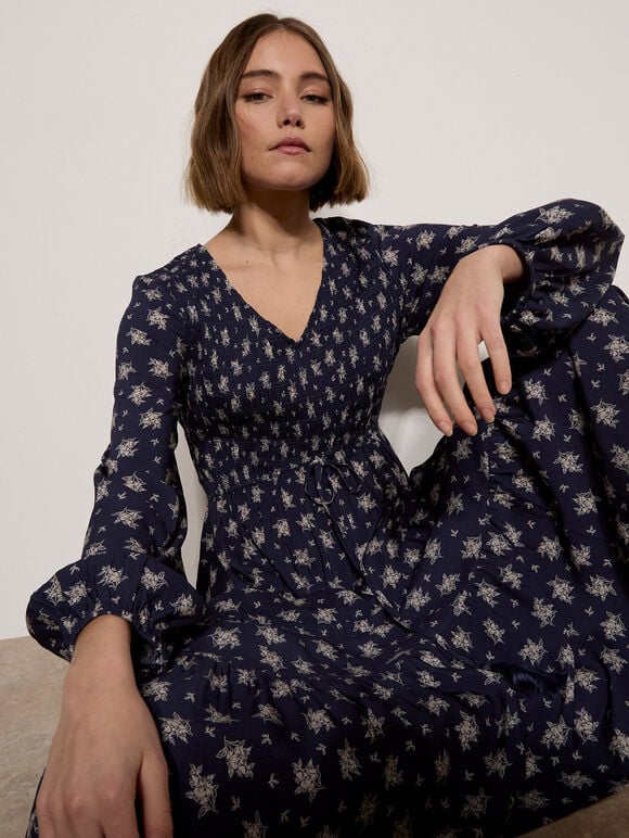 Smocked Floral Midi Dress, Navy, large