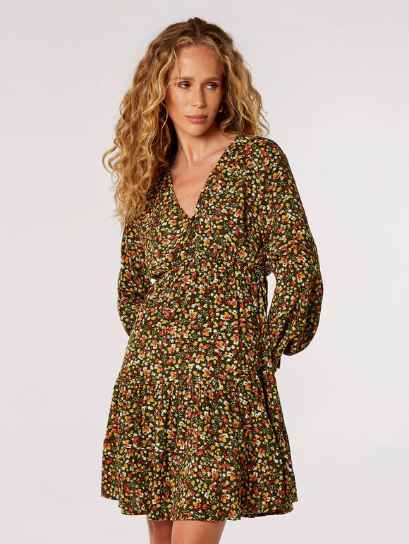 Ditsy Floral Tiered Mini Dress, Green, large