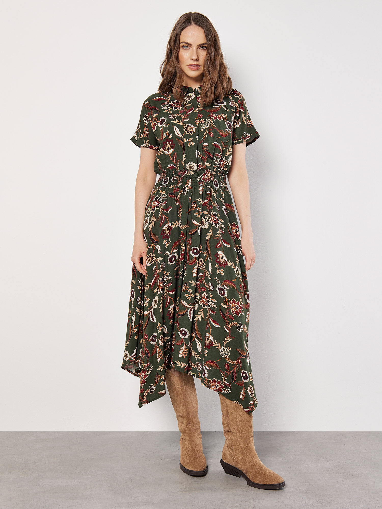 Robe Chemise Mi Longue Fleurie Sarasa Vetements Apricot