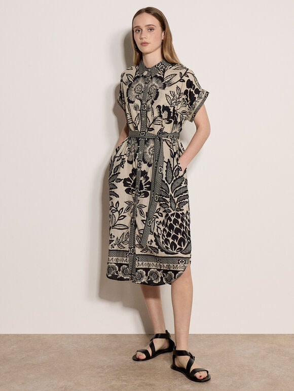 Floral Pineapple Cotton Shirt Midi Dress, Stone, large