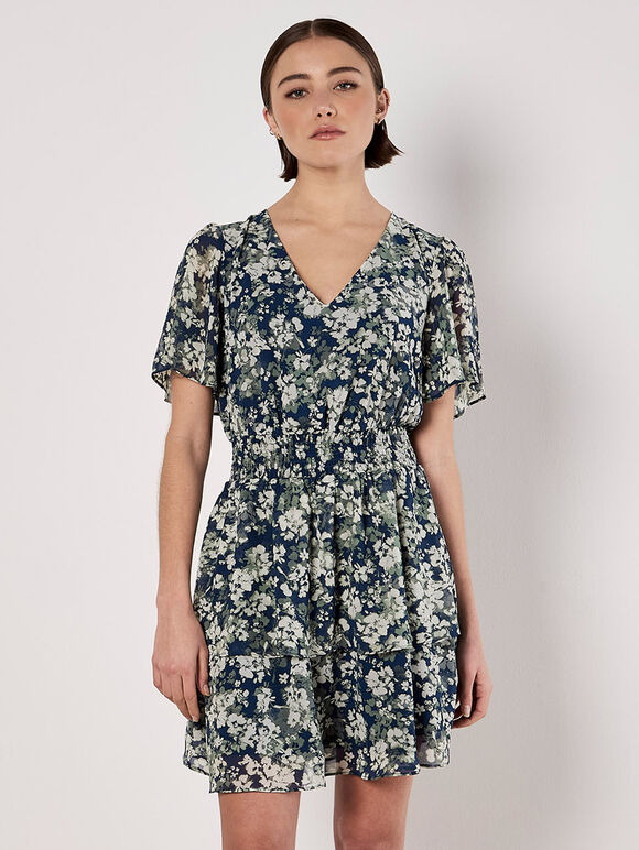 Blurred Floral Tiered Mini Dress, Navy, large
