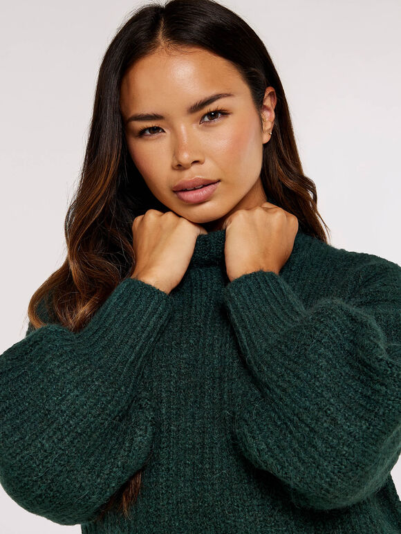 Knit Jumper Mini Dress, Green, large
