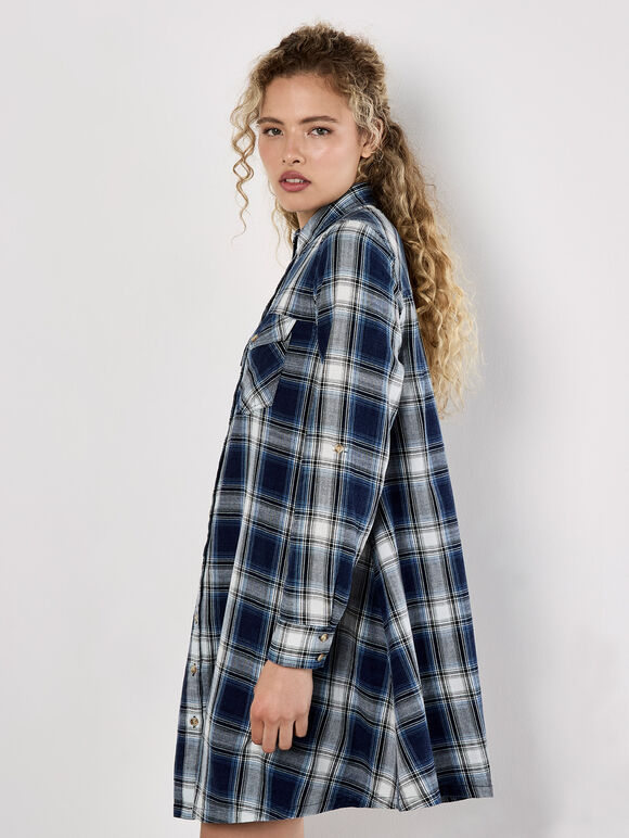 Washed Check Western Shirt Mini Dress, Blue, large