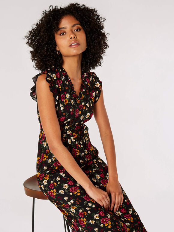 Painterly Floral Midi Dress, Black, large