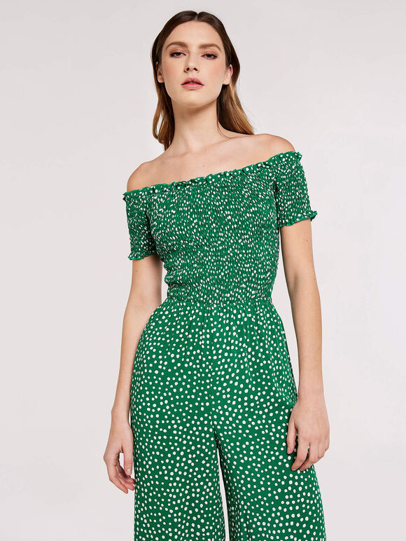 Combinaison Bardot Smockée Dots, Vert, large