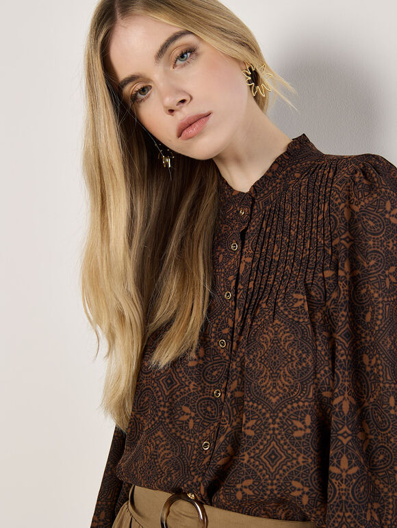 Mosaic Print Chiffon Ruffle Blouse, Brown, large