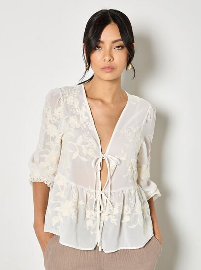 Tie-Front Embroidered Chiffon Top