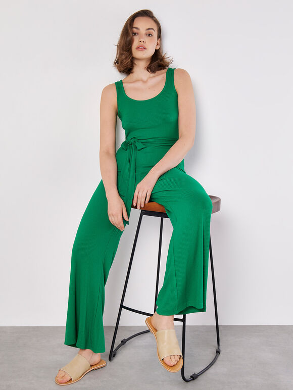 Sleeveless Ribbed Jersey Jumpsuit, Green, large