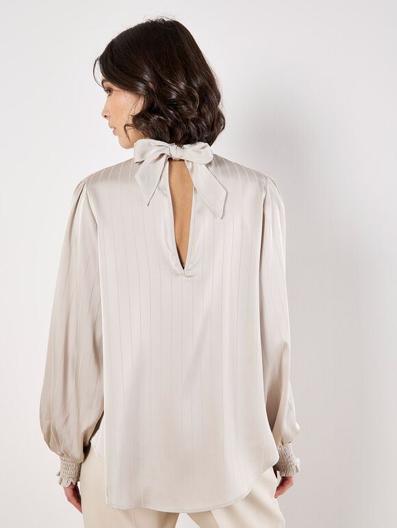 Satin Self-Stripe Tie Back Top, Stone, large