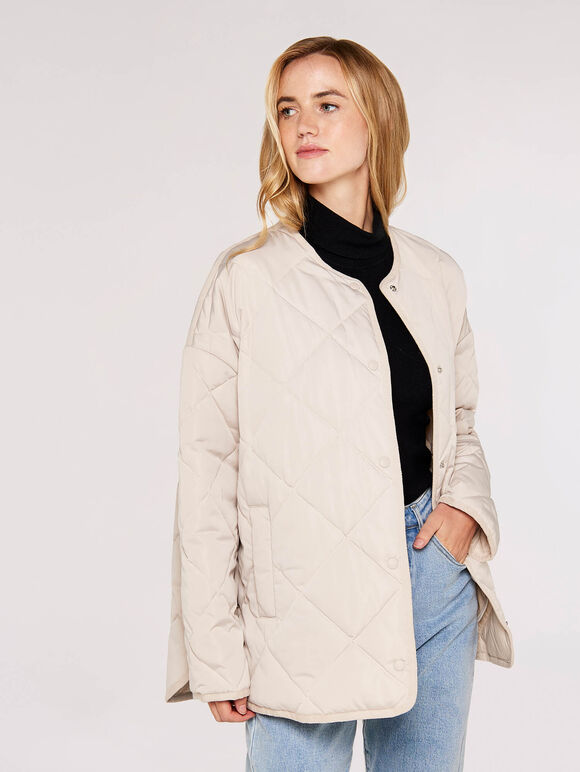 Collarless Quilted Jacket, Stone, large