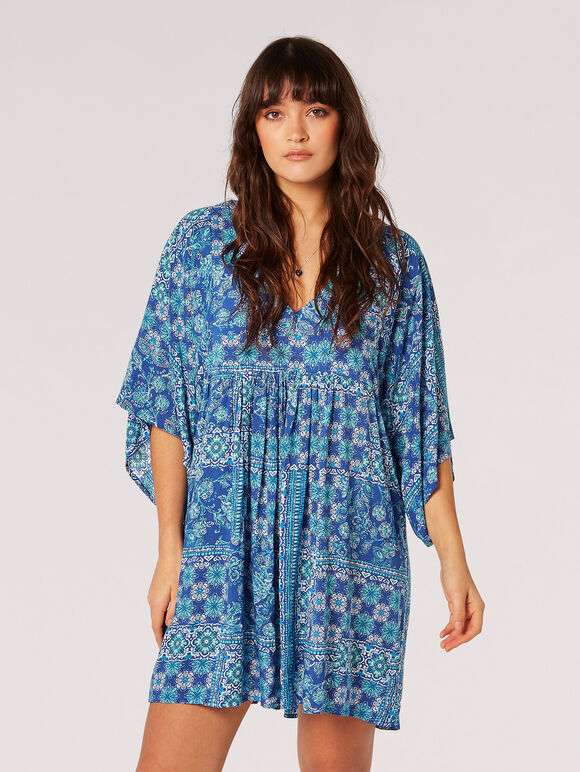 Patchwork Kaftan Mini Dress, Blue, large