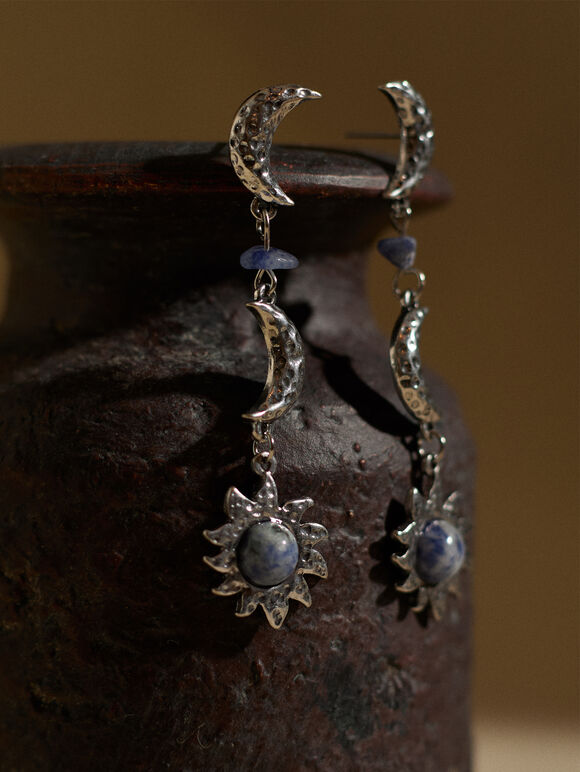 Silver Tone Celestial Stone Drop Earrings, Silver, large