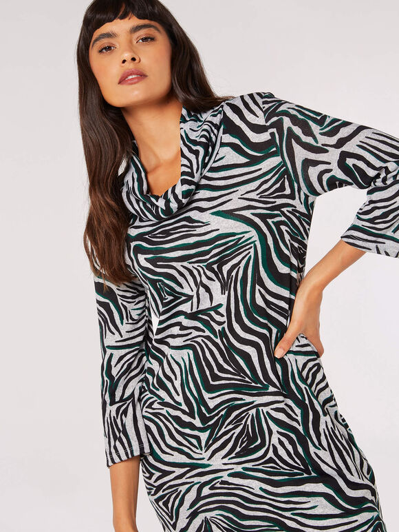 Zebra Fitted Shift Mini Dress, Grey, large