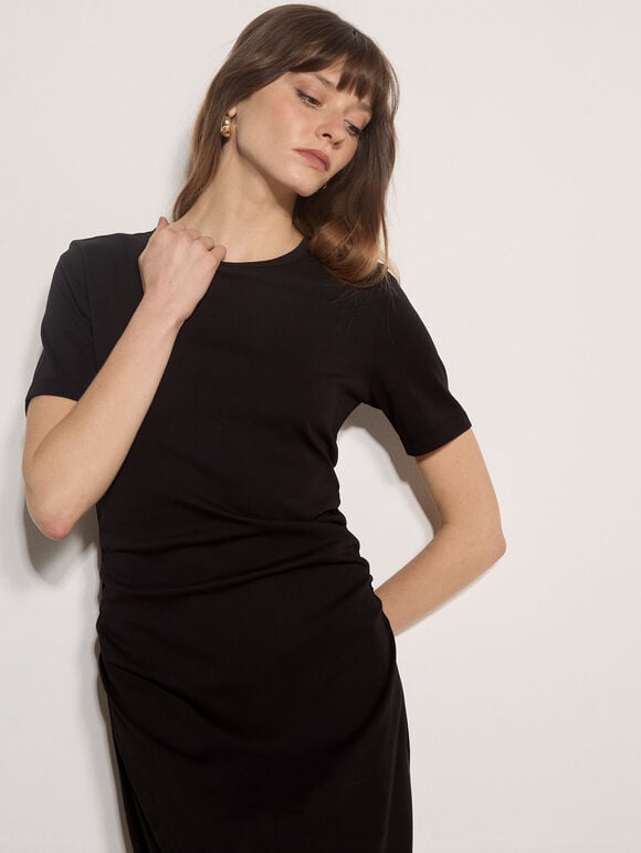 Cotton Ruched T-Shirt Maxi Dress, Black, large