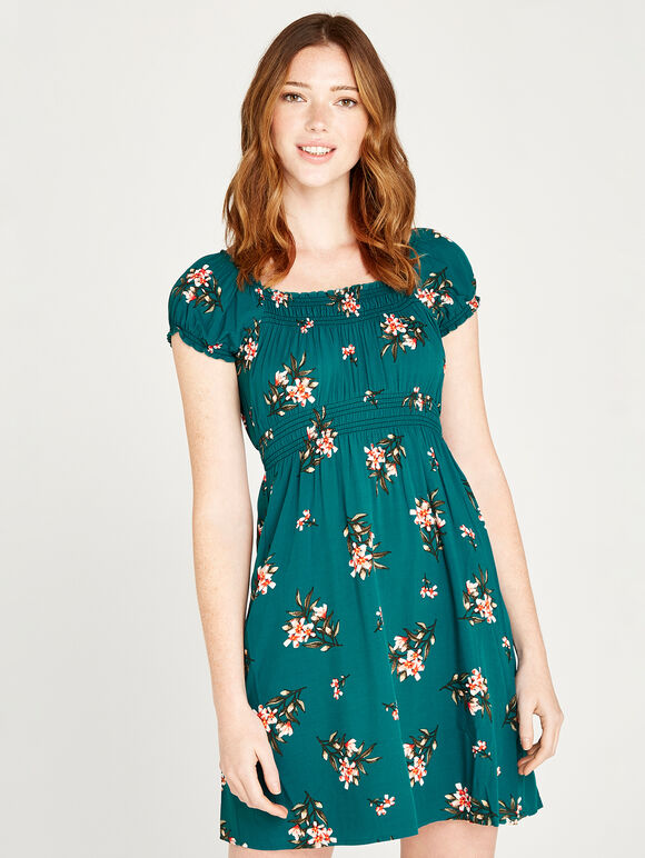 Floral Bunches Milkmaid Dress, Green, large
