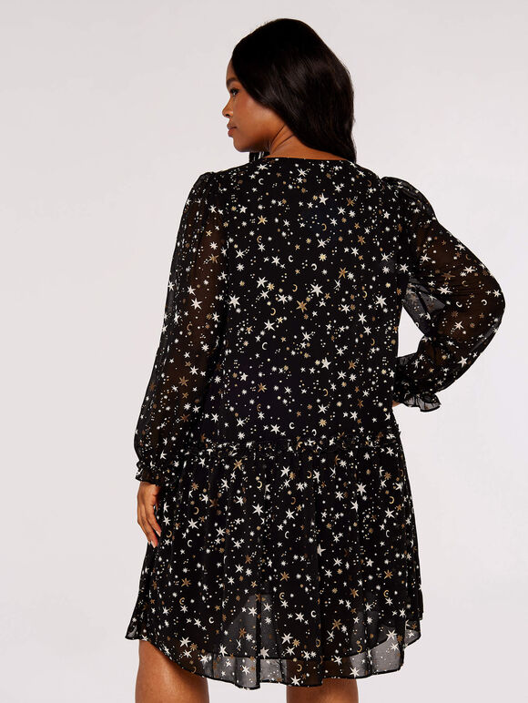Curve Foil Star Mini Dress, Black, large