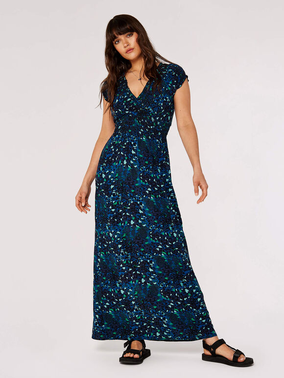 Robe longue smockée guépard, bleu marine, large